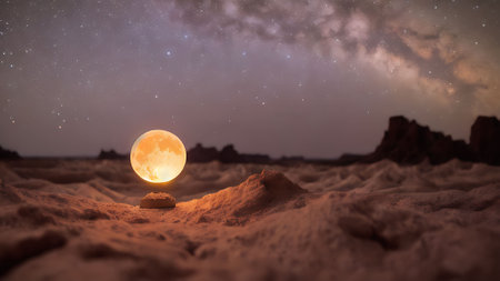 Full moon in the night sky over the desert. 3d illustrationの素材