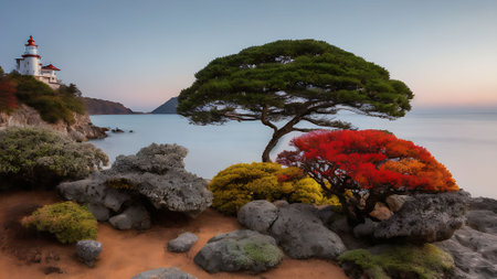 Lighthouse and pine tree in a beautiful Japanese garden at sunset.の素材