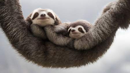 Two cute sloth hanging on a tree branch in the rainforestの素材