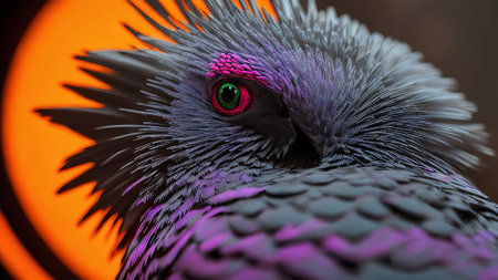 Pigeon in the background of an orange light. Close-up.の素材