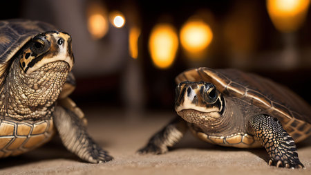 two turtles in front of a burning candle in a dark room.の素材