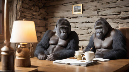 Two gorilla sitting at a desk in a room with a cup of coffeeの素材