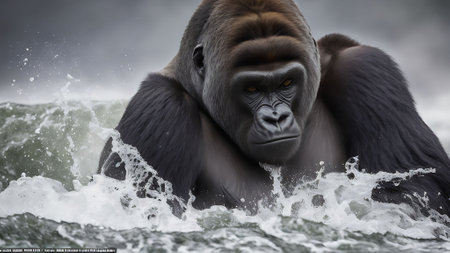 Gorilla in a stormy stormy river with splashesの素材