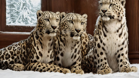 Three leopards sitting on the windowsill and looking at the cameraの素材