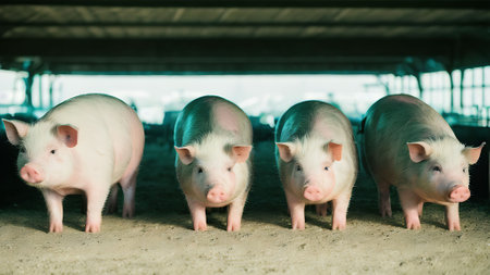Group of pigs in a farm. Selective focus. Toned.の素材