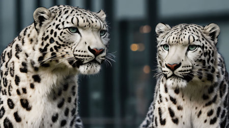 Pair of white leopard in front of a store window.の素材
