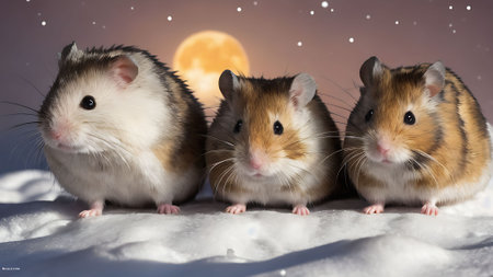Three Syrian hamsters in the snow against the background of the moonの素材