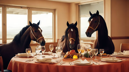 Horses at a table in a restaurant. Luxury dinner.の素材
