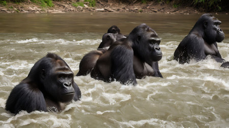Gorilla in the river. Democratic Republic of Congo. Africaの素材