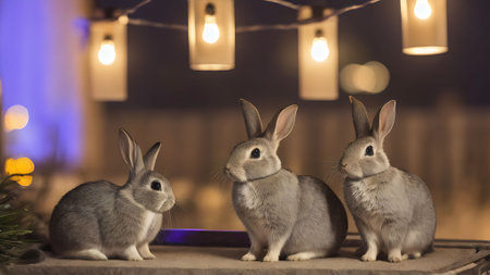Three cute rabbits sitting in front of a Christmas tree with lights in the backgroundの素材