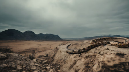A snake in the middle of the desert with mountains in the backgroundの素材