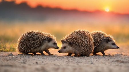 Hedgehogs (Scientific name: Erinaceus Europaeus) at sunsetの素材