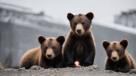 Three brown bear cubs sitting on the ground and looking at the cameraの素材