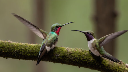 Hummingbirds mating in the rainforest of Belize,bird sucking nectar from a flowerの素材