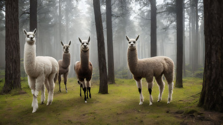 Three alpaca in a foggy forest. 3d renderingの素材