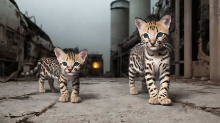 Two cute bengal kittens standing in front of old factory buildingの素材