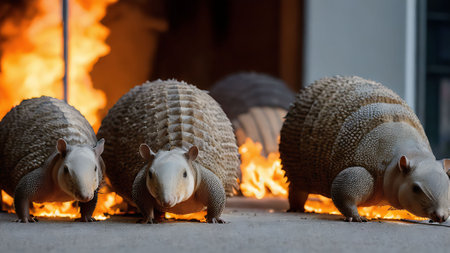 Armadillos in front of a fire in a farm.の素材