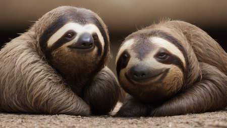 Two cute sloths are resting on the ground in the zoo.の素材
