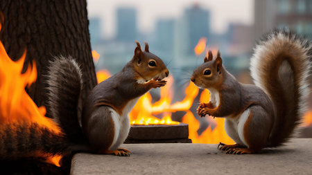 Squirrels in the park with a fire in the background.の素材