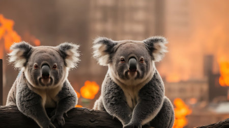 Cute koalas sitting on a tree in front of fireの素材