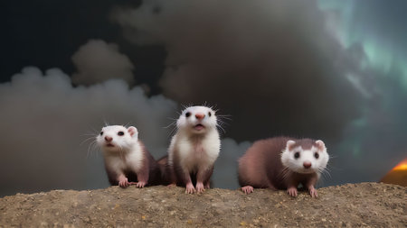 Three ferret in front of a stormy sky with smoke.の素材