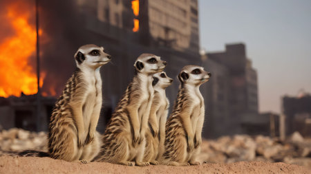 Group of meerkats standing on the sand in front of the buildingの素材