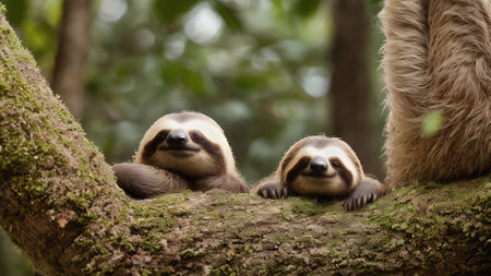 Two cute sloth sleeping on the tree in the rainforest.の素材