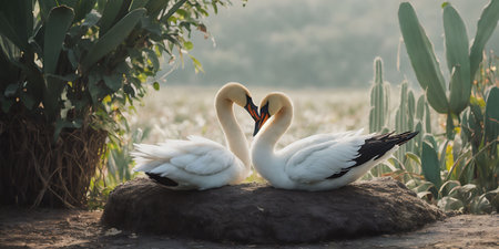 Two white swans on a rock in the garden. Concept of love and romance.の素材