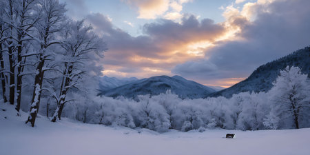 Winter landscape with snow covered trees in mountains at sunset. Carpathian, Ukraineの素材