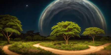 African landscape at night with full moon and trees - 3D renderの素材