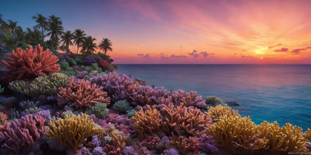 Coral reef and sea at sunset. Panoramic view.の素材