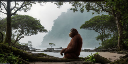 The Orangutan sits on a rock in the rainforest.の素材