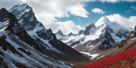 Mountain landscape with snow and red poppies. Caucasus, Russiaの素材