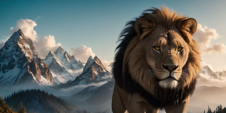 Lion on the background of the mountains. 3D render.の素材