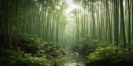 Bamboo forest with river and fog in Arashiyama, Kyoto, Japanの素材