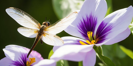 dragonfly on a purple crocus flower in the garden. macroの素材