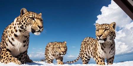 Three leopards in the snow on a background of blue skyの素材