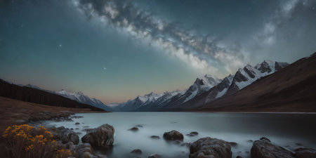 Mountain landscape with lake and starry sky. Panorama.の素材