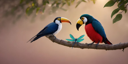 Colorful couple of toucans sitting on a tree branch.の素材