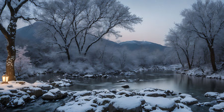 Winter landscape with snow covered trees and river at night, South Koreaの素材
