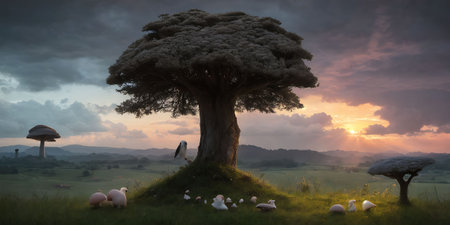 African baobab tree at sunset - 3D Rendered Illustrationの素材