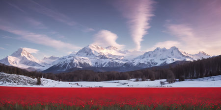 Beautiful panoramic landscape with red poppies field and snowy mountains in the backgroundの素材