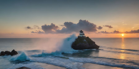 Lighthouse on the rock at sunset, Bali island, Indonesiaの素材