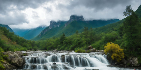 Waterfall in the mountains in a cloudy day. Landscape.の素材