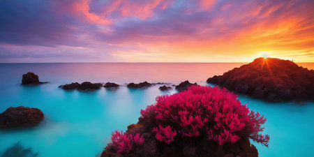 Beautiful seascape with coral reef at sunset. 3d renderingの素材