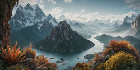 Beautiful mountain landscape with lake and clouds. Panoramic viewの素材