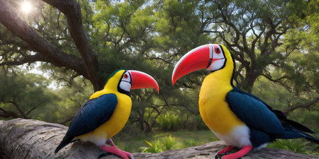 Toucan couple in love on tree in the jungle. 3d renderingの素材