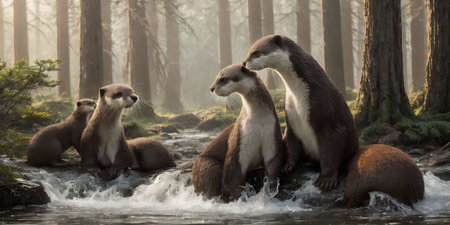 Group of European otters (Lutra lutra) in the forestの素材