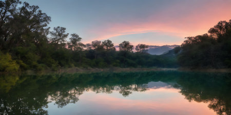 Panorama of a lake with reflection of the mountains in the waterの素材