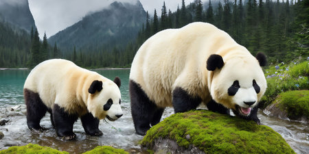 Two giant panda bear on the bank of the mountain river.の素材